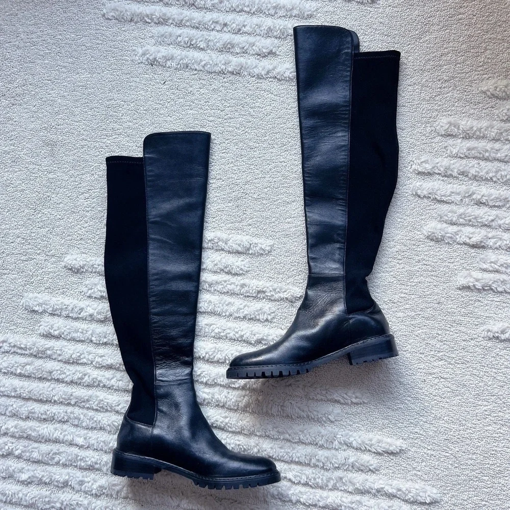 Stuart Weitzman 5050 Bold OTK Over The Knew Boots Black Leather Stretch US 6.5